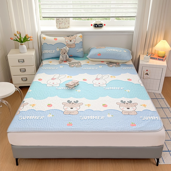 91家纺网 家纺一手货源 找家纺 晚舒庭家纺 2026新款凉感丝乳胶凉席床席三件套 麋鹿