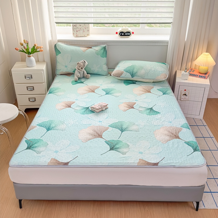 91家纺网 家纺一手货源 找家纺 晚舒庭家纺 2026新款凉感丝乳胶凉席床席三件套 银杏叶