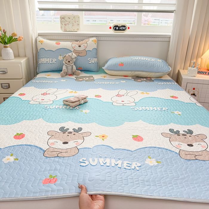 91家纺网 家纺一手货源 找家纺 晚舒庭家纺 2026新款凉感丝乳胶凉席床席三件套 麋鹿