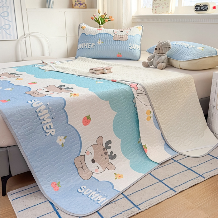 91家纺网 家纺一手货源 找家纺 晚舒庭家纺 2026新款凉感丝乳胶凉席床席三件套 麋鹿