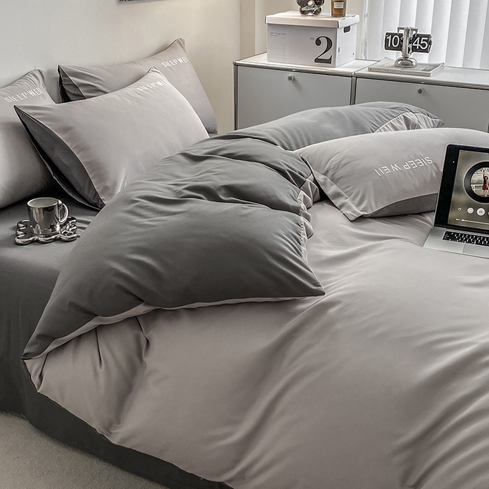 91家纺网 家纺一手货源 找家纺 啊雅家居 2026新款双拼绣花四季款磨毛三件套四件套床单款床笠款 奶浅灰加奶深灰