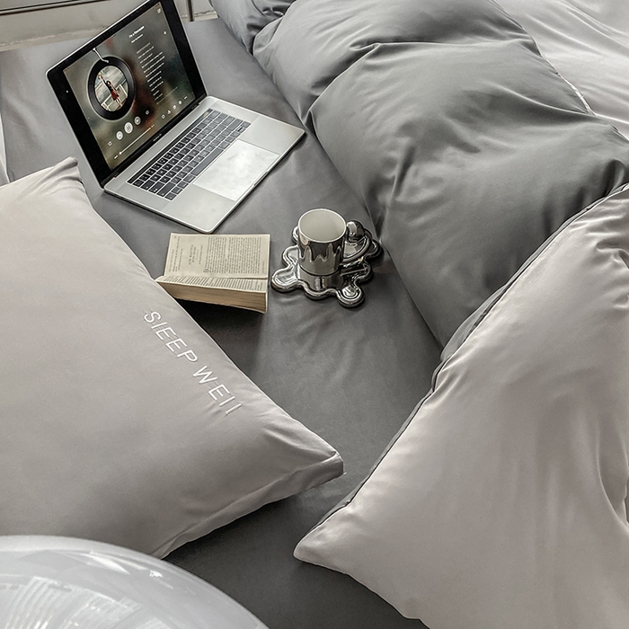 91家纺网 家纺一手货源 找家纺 啊雅家居 2026新款双拼绣花四季款磨毛三件套四件套床单款床笠款 奶浅灰加奶深灰