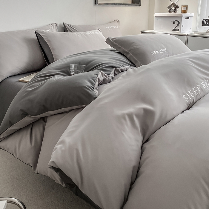 91家纺网 家纺一手货源 找家纺 啊雅家居 2026新款双拼绣花四季款磨毛三件套四件套床单款床笠款 奶浅灰加奶深灰