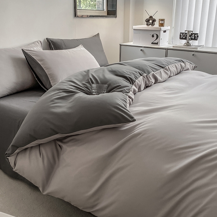 91家纺网 家纺一手货源 找家纺 啊雅家居 2026新款双拼绣花四季款磨毛三件套四件套床单款床笠款 奶浅灰加奶深灰