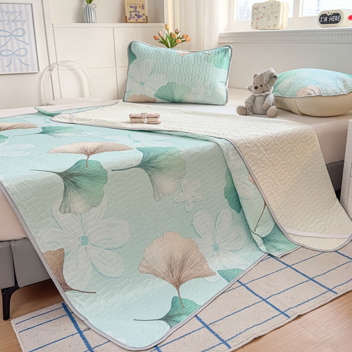 91家纺网 家纺一手货源 找家纺 晚舒庭家纺 2026新款凉感丝乳胶凉席床席三件套 银杏叶