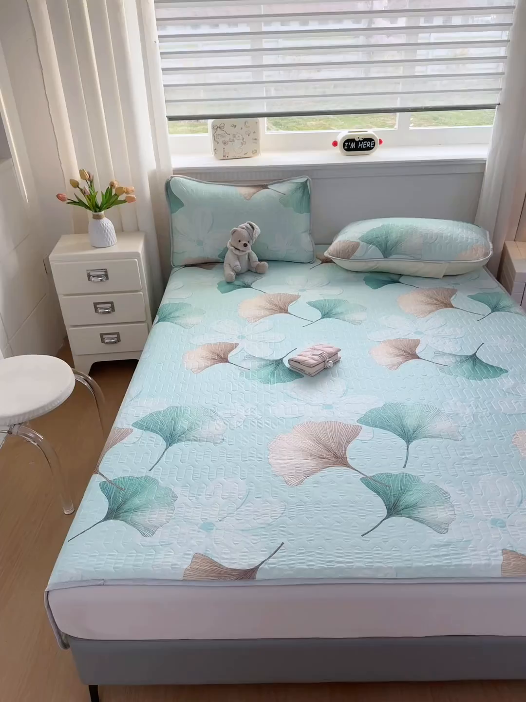 91家纺网 家纺一手货源 找家纺 晚舒庭家纺 2026新款凉感丝乳胶凉席床席三件套 银杏叶