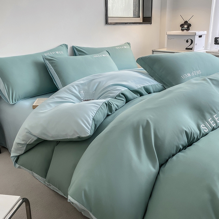 91家纺网 家纺一手货源 找家纺 啊雅家居 2026新款双拼绣花四季款磨毛三件套四件套床单款床笠款 奶石兰加奶星蓝