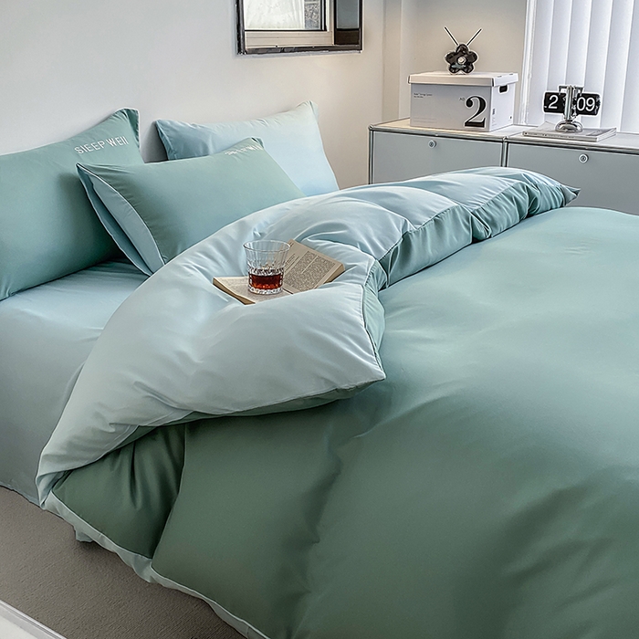 91家纺网 家纺一手货源 找家纺 啊雅家居 2026新款双拼绣花四季款磨毛三件套四件套床单款床笠款 奶石兰加奶星蓝