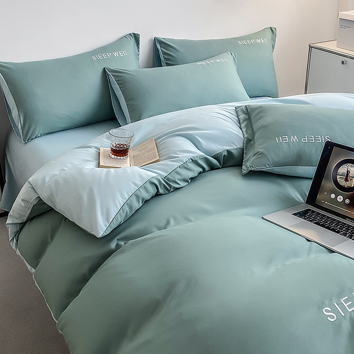 91家纺网 家纺一手货源 找家纺 啊雅家居 2026新款双拼绣花四季款磨毛三件套四件套床单款床笠款 奶石兰加奶星蓝