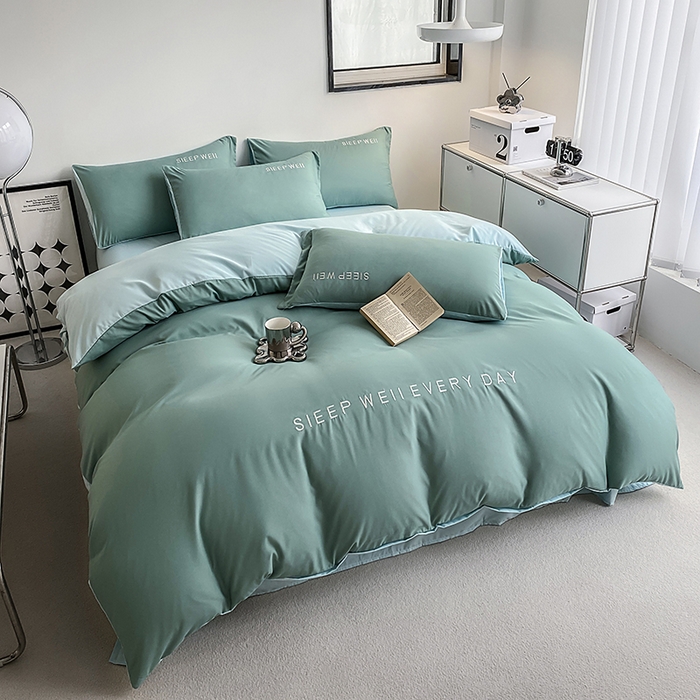 91家纺网 家纺一手货源 找家纺 啊雅家居 2026新款双拼绣花四季款磨毛三件套四件套床单款床笠款 奶石兰加奶星蓝