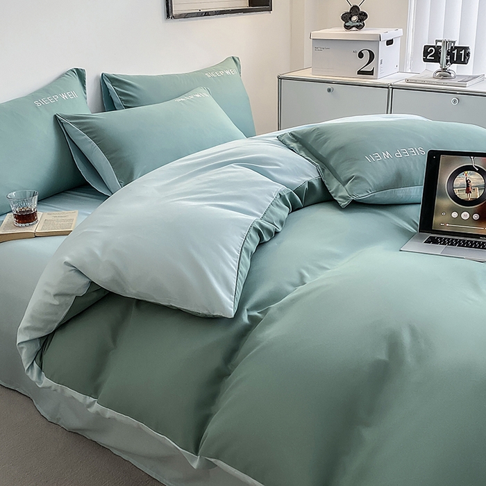 91家纺网 家纺一手货源 找家纺 啊雅家居 2026新款双拼绣花四季款磨毛三件套四件套床单款床笠款 奶石兰加奶星蓝