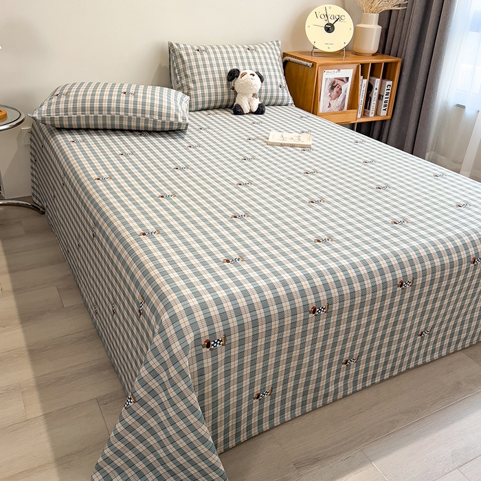 91家纺网 家纺一手货源 找家纺 芃成家纺 2026春夏新款全棉纯棉加厚老粗布单床单床单单件床单三件套 小格波点狗