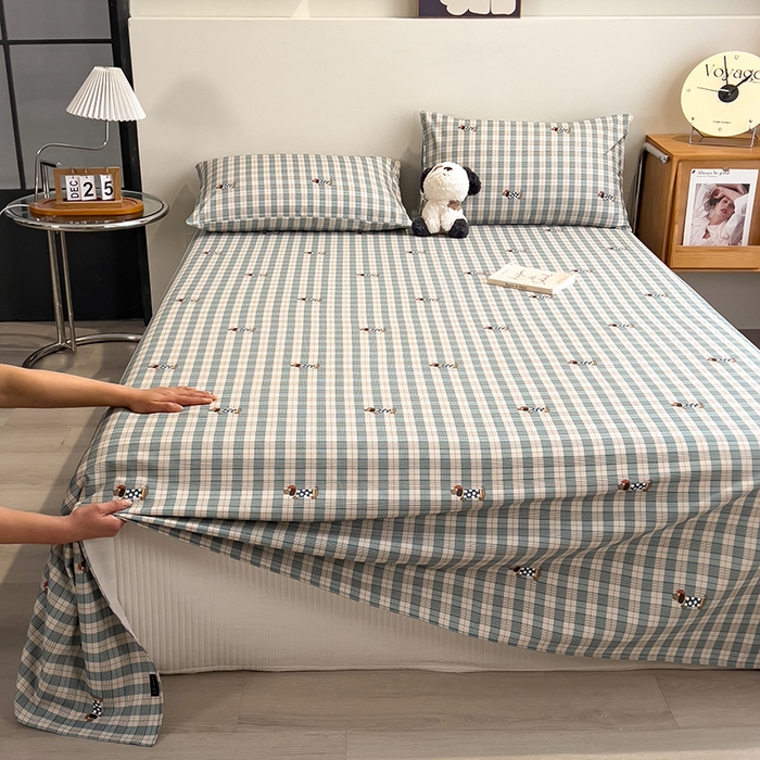 91家纺网 家纺一手货源 找家纺 芃成家纺 2026春夏新款全棉纯棉加厚老粗布单床单床单单件床单三件套 小格波点狗