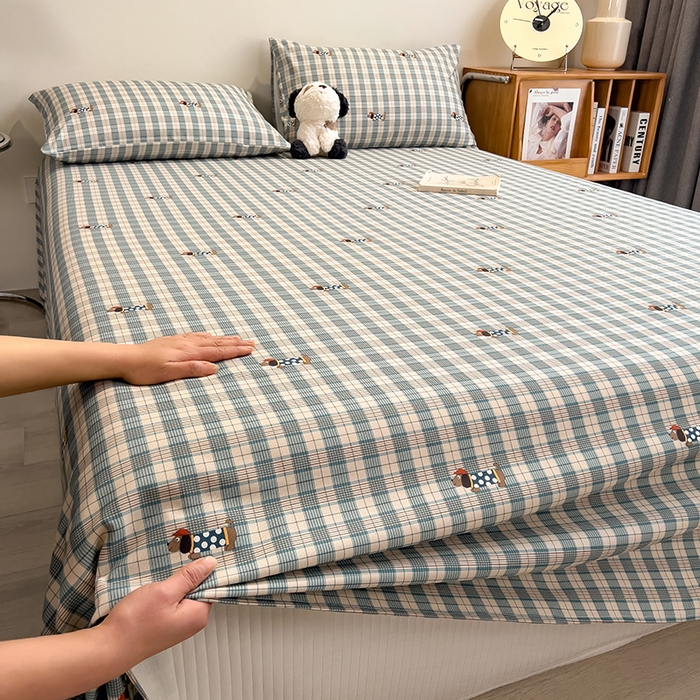 91家纺网 家纺一手货源 找家纺 芃成家纺 2026春夏新款全棉纯棉加厚老粗布单床单床单单件床单三件套 小格波点狗