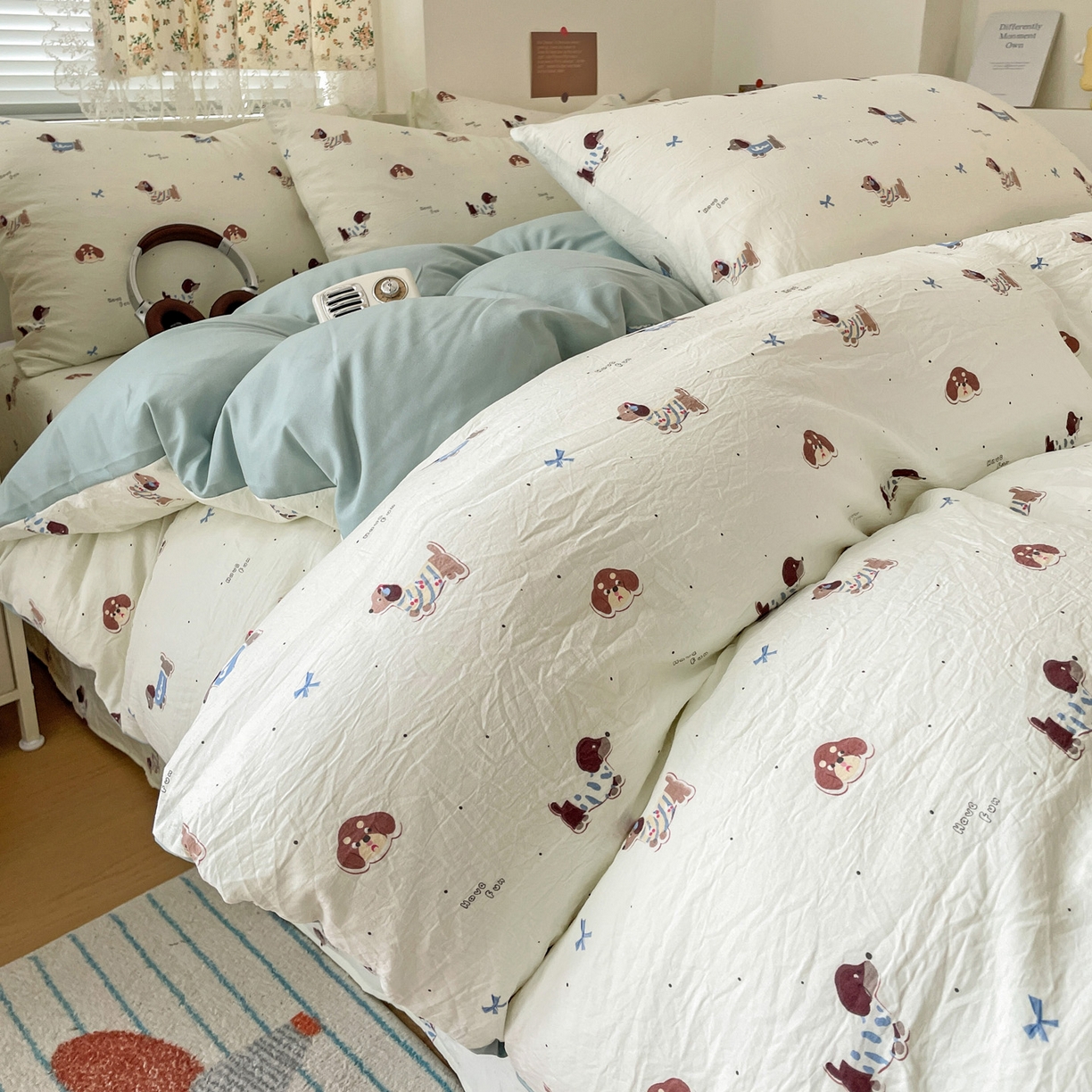 纽缦家纺 2026春夏新款A类水洗棉四件套 可可腊肠犬