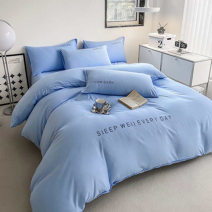 91家纺网 家纺一手货源 找家纺 啊雅家居 2026新款双拼绣花四季款磨毛三件套四件套床单款床笠款 奶天兰