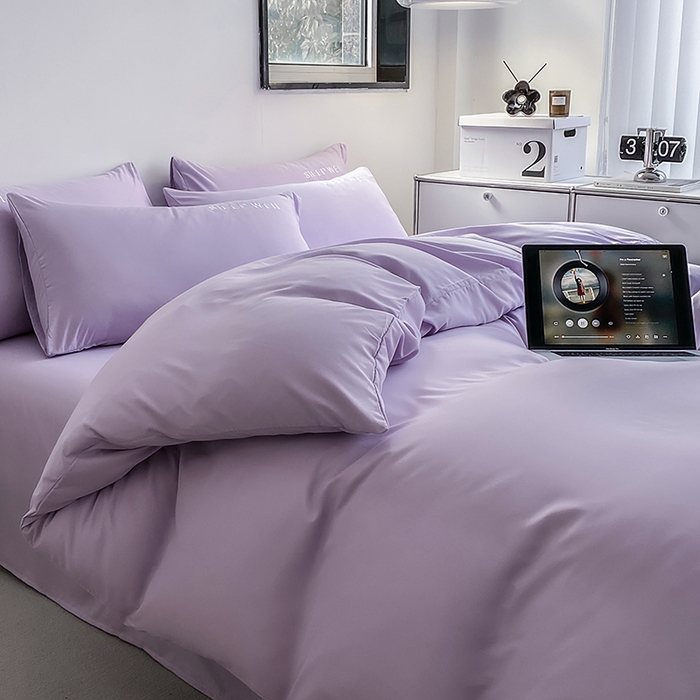 91家纺网 家纺一手货源 找家纺 啊雅家居 2026新款双拼绣花四季款磨毛三件套四件套床单款床笠款 奶紫