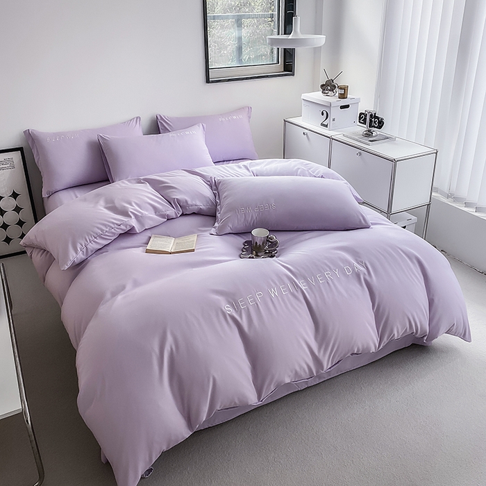 91家纺网 家纺一手货源 找家纺 啊雅家居 2026新款双拼绣花四季款磨毛三件套四件套床单款床笠款 奶紫