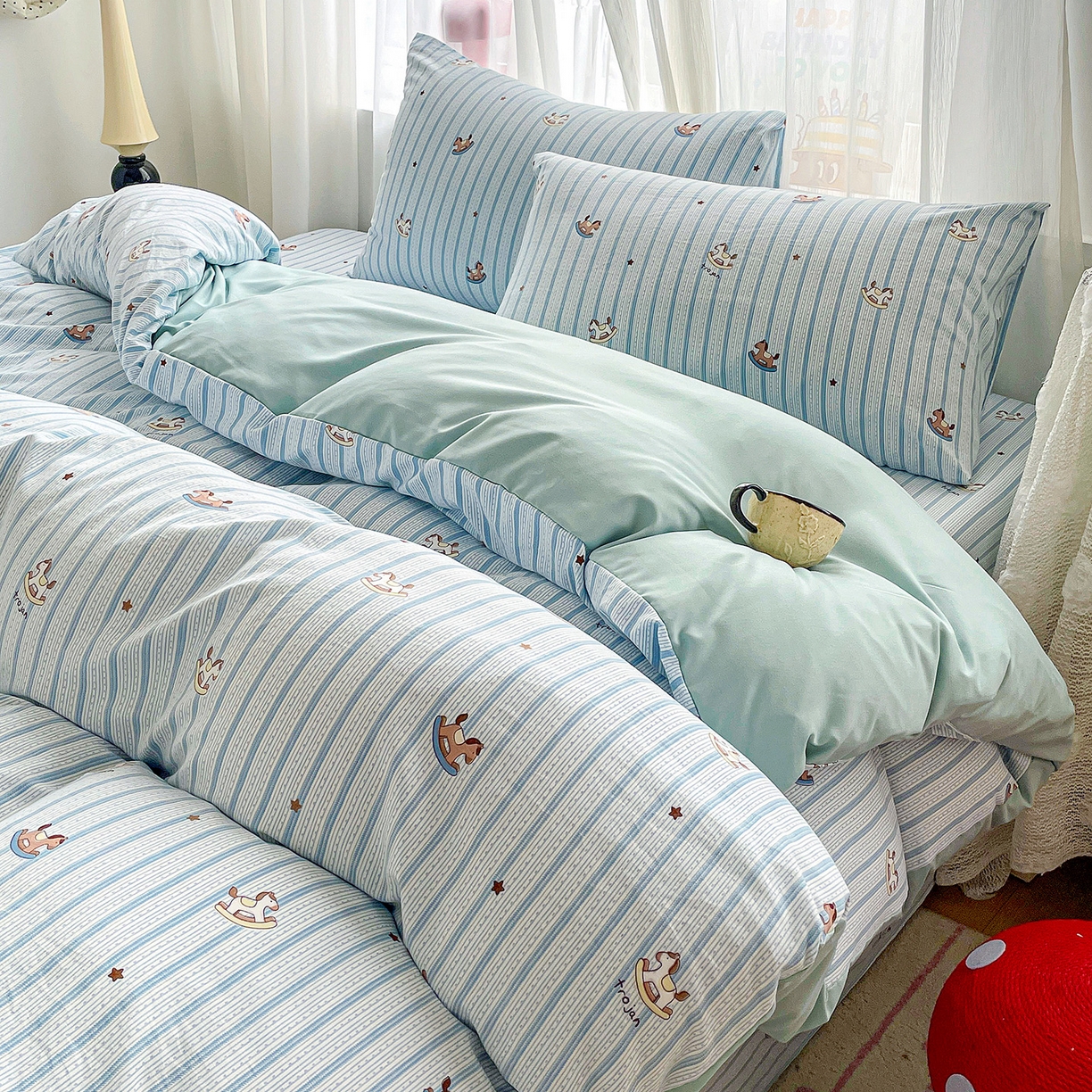 纽缦家纺 2026春夏新款A类水洗棉四件套 蓝纹木马星