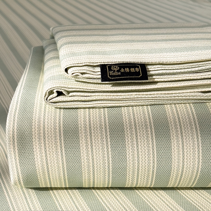 91家纺网 家纺一手货源 找家纺 芃成家纺 2026春夏新款全棉纯棉加厚老粗布单床单床单单件床单三件套 星条纹-绿