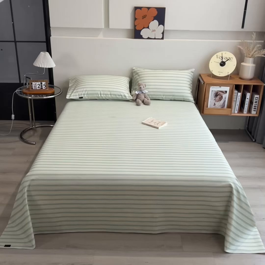 91家纺网 家纺一手货源 找家纺 芃成家纺 2026春夏新款全棉纯棉加厚老粗布单床单床单单件床单三件套 星条纹-绿