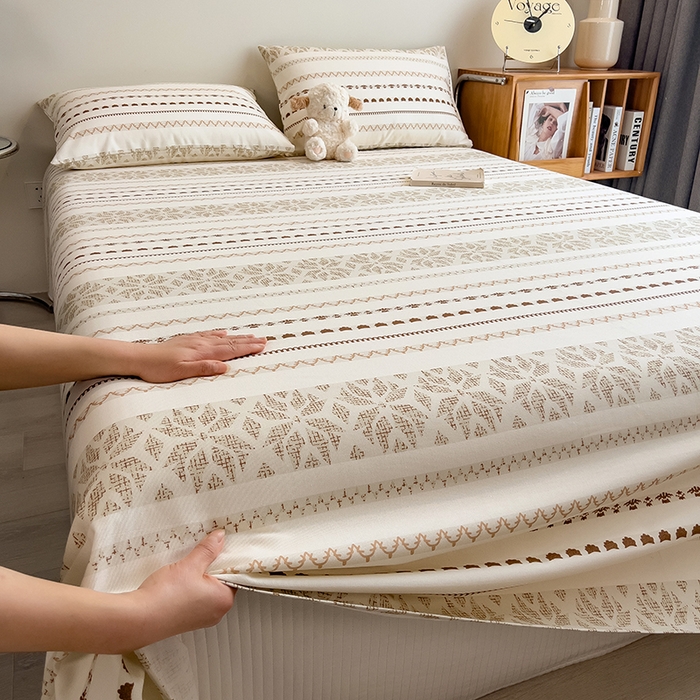 91家纺网 家纺一手货源 找家纺 芃成家纺 2026春夏新款全棉纯棉加厚老粗布单床单床单单件床单三件套 杏影雅条