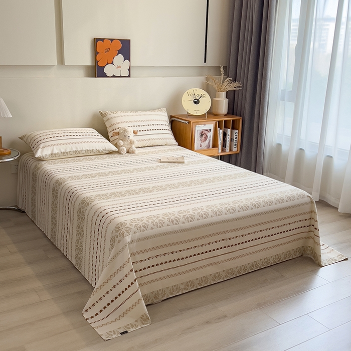 91家纺网 家纺一手货源 找家纺 芃成家纺 2026春夏新款全棉纯棉加厚老粗布单床单床单单件床单三件套 杏影雅条