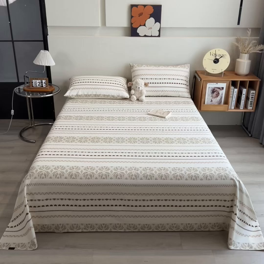 91家纺网 家纺一手货源 找家纺 芃成家纺 2026春夏新款全棉纯棉加厚老粗布单床单床单单件床单三件套 杏影雅条