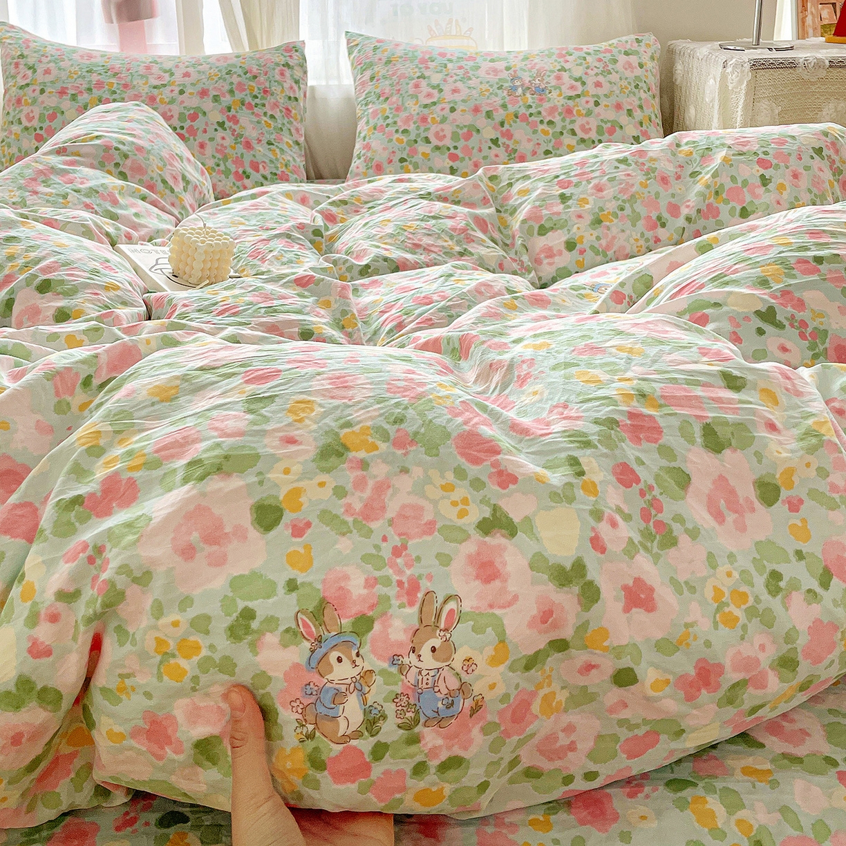 91家纺网 家纺一手货源 找家纺 纽缦家纺 2026春夏新款A类水洗棉四件套 小兔岛