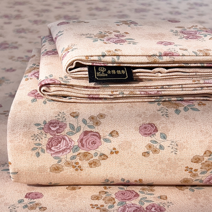 91家纺网 家纺一手货源 找家纺 芃成家纺 2026春夏新款全棉纯棉加厚老粗布单床单床单单件床单三件套 月下玫瑰