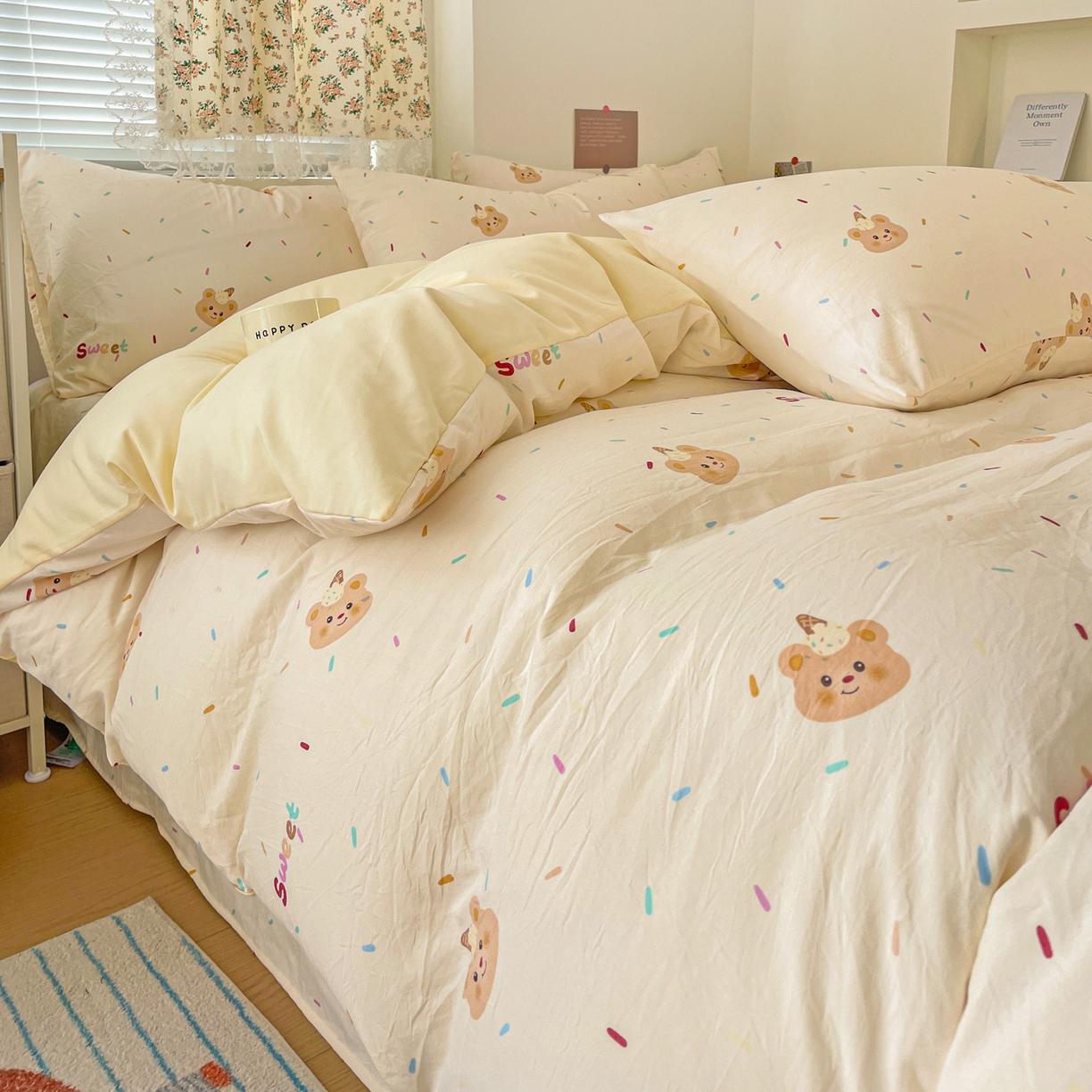 91家纺网 家纺一手货源 找家纺 纽缦家纺 2026春夏新款A类水洗棉四件套 小熊冰淇淋