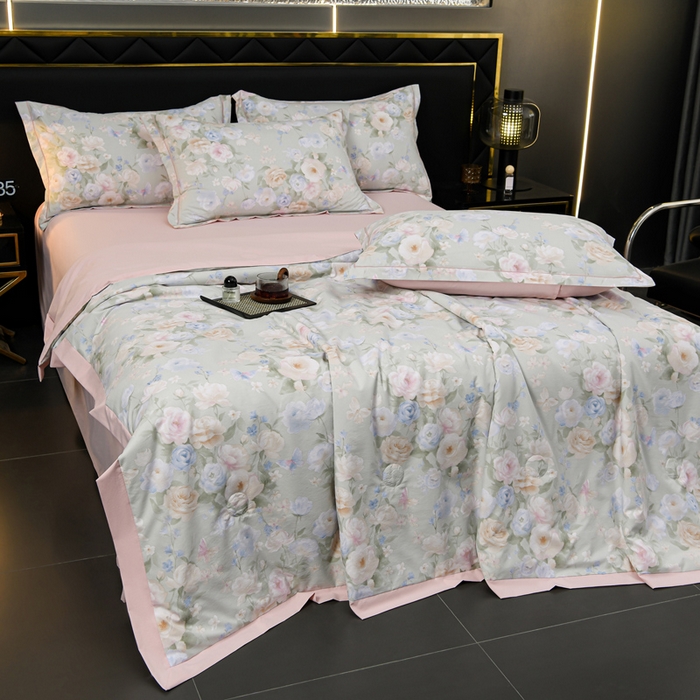 91家纺网 家纺一手货源 找家纺 千嘻汇 2026新款水洗天丝真丝夏被四件套夏凉被空调被 莫奈花园绿