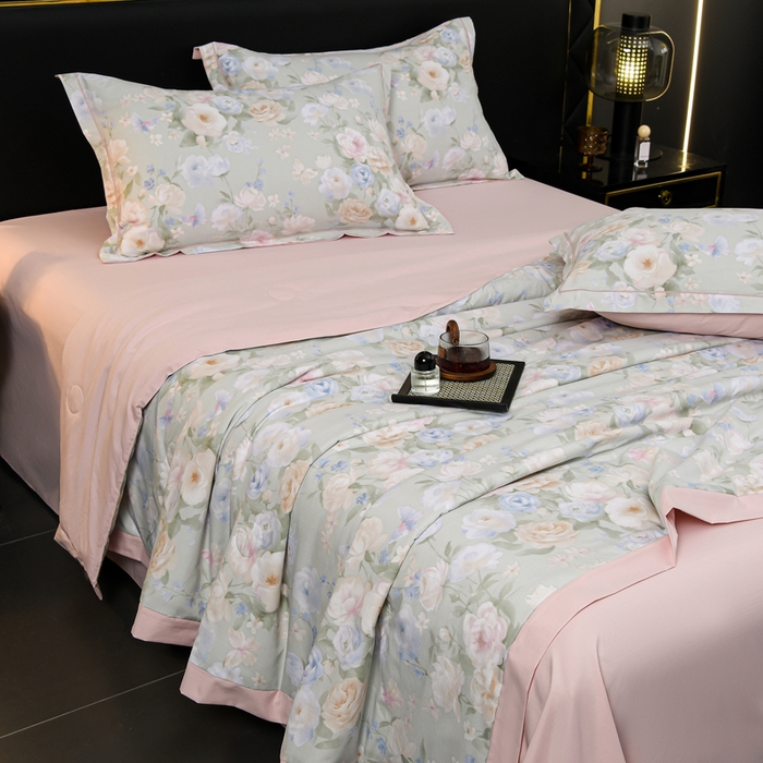 91家纺网 家纺一手货源 找家纺 千嘻汇 2026新款水洗天丝真丝夏被四件套夏凉被空调被 莫奈花园绿