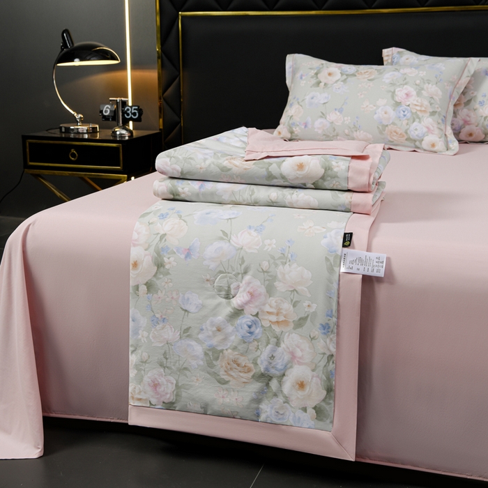 91家纺网 家纺一手货源 找家纺 千嘻汇 2026新款水洗天丝真丝夏被四件套夏凉被空调被 莫奈花园绿