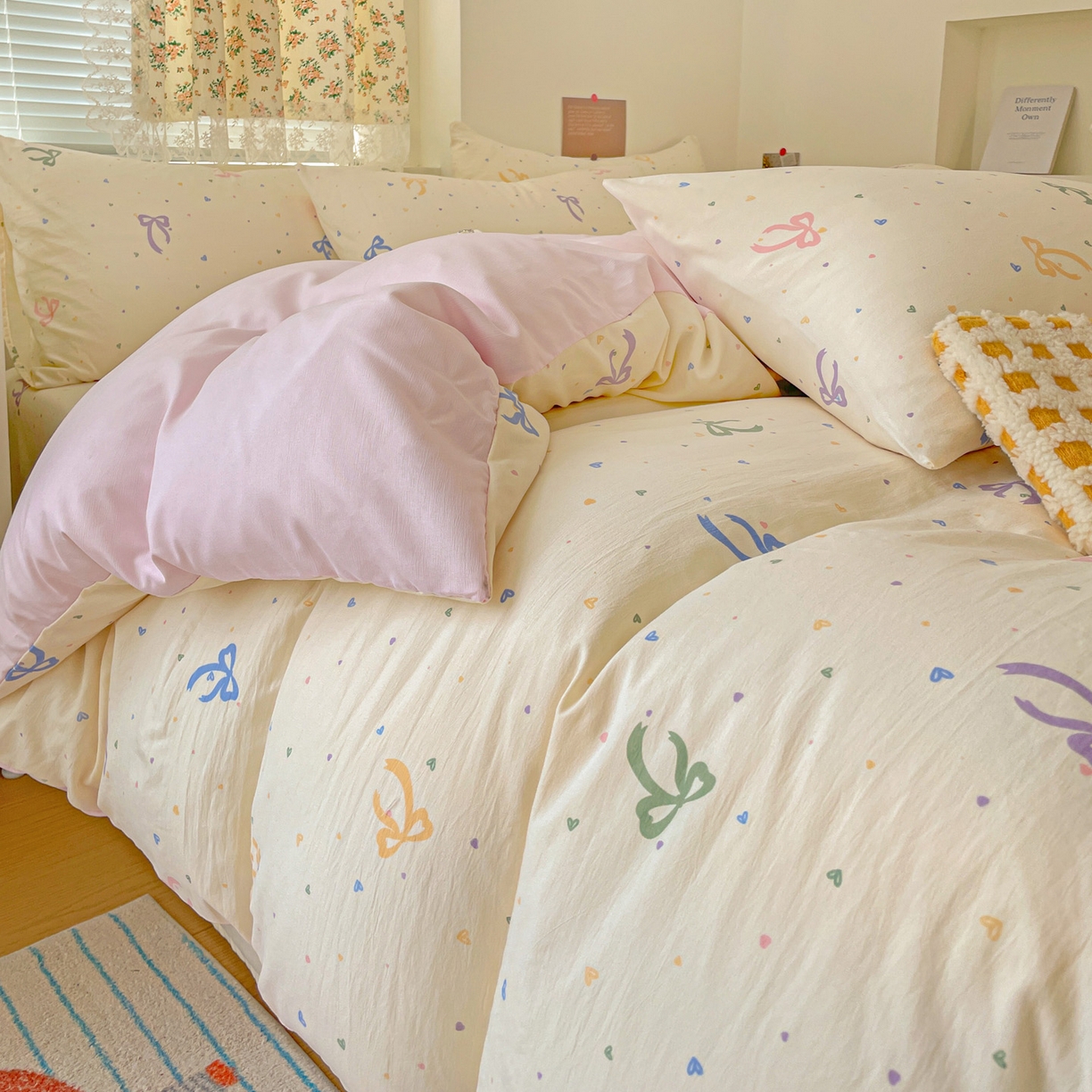 91家纺网 家纺一手货源 找家纺 纽缦家纺 2026春夏新款A类水洗棉四件套 星梦蝶结