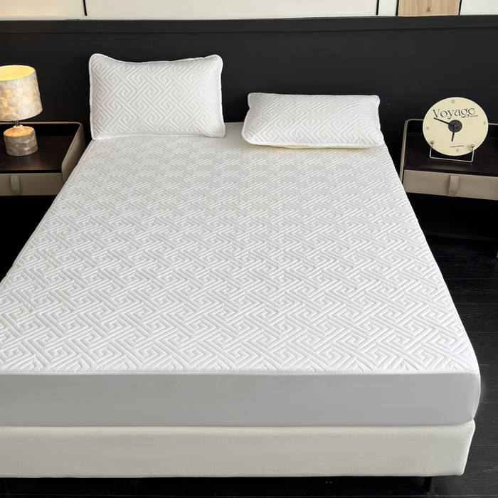 91家纺网 家纺一手货源 找家纺 慕克斯家纺 2026新款防水回字格床笠-慕克斯 白色