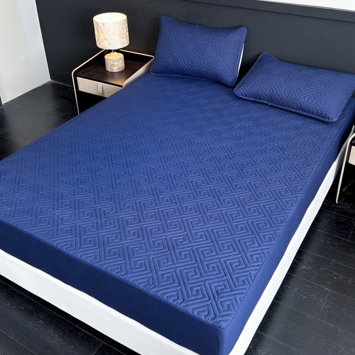 91家纺网 家纺一手货源 找家纺 慕克斯家纺 2026新款防水回字格床笠-慕克斯 藏青