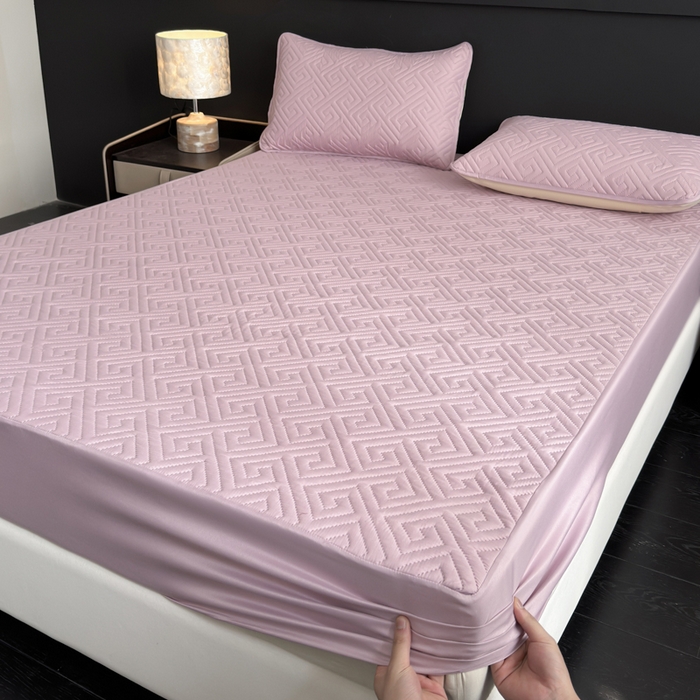 91家纺网 家纺一手货源 找家纺 慕克斯家纺 2026新款防水回字格床笠-慕克斯 豆沙