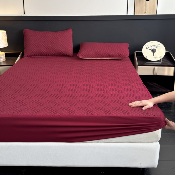 慕克斯家纺 2026新款防水回字格床笠-慕克斯 酒红