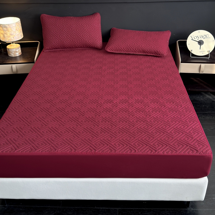 91家纺网 家纺一手货源 找家纺 慕克斯家纺 2026新款防水回字格床笠-慕克斯 酒红