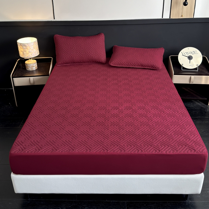 91家纺网 家纺一手货源 找家纺 慕克斯家纺 2026新款防水回字格床笠-慕克斯 酒红