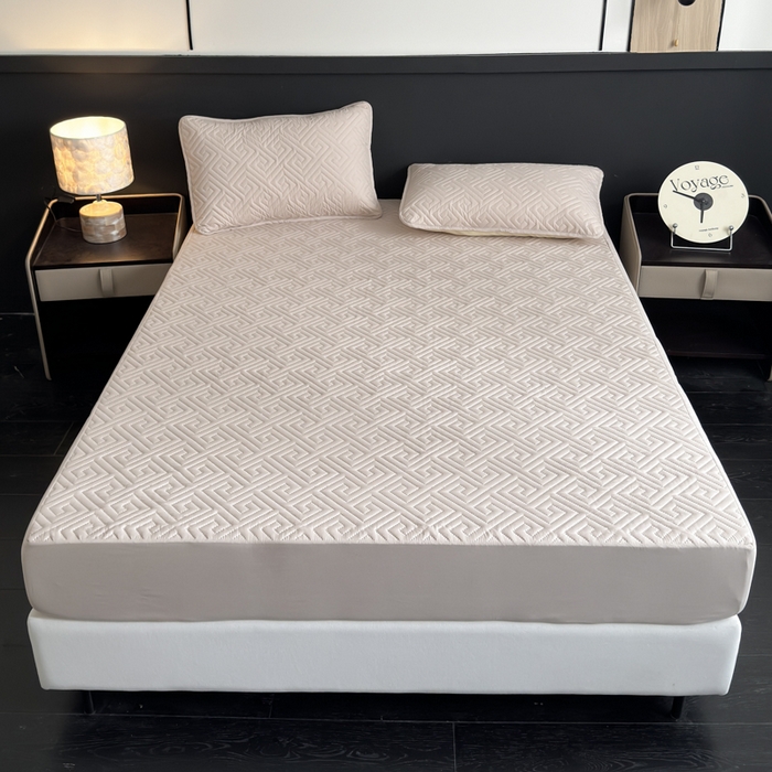 91家纺网 家纺一手货源 找家纺 慕克斯家纺 2026新款防水回字格床笠-慕克斯 卡其