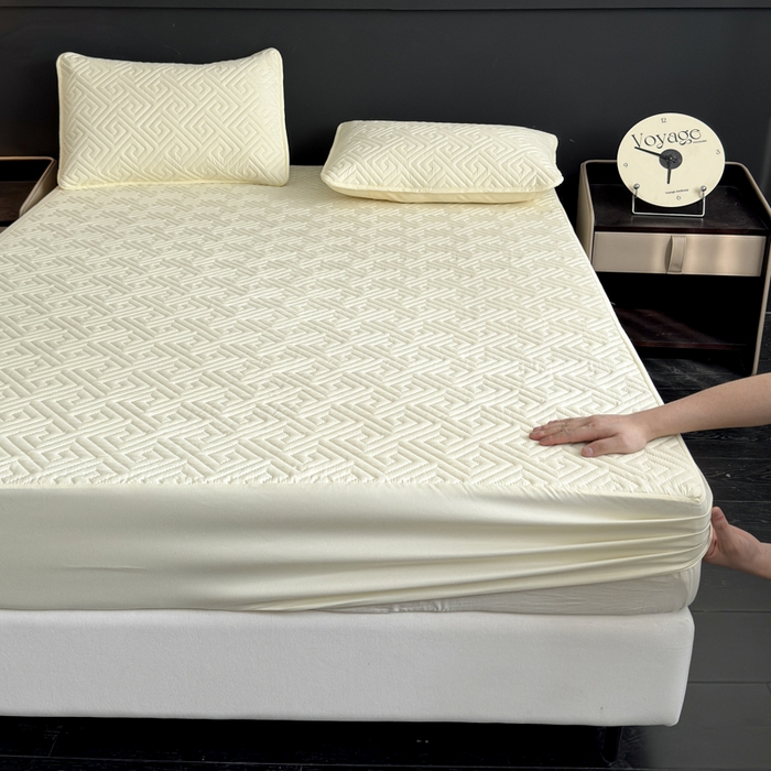 慕克斯家纺 2026新款防水回字格床笠-慕克斯 米黄