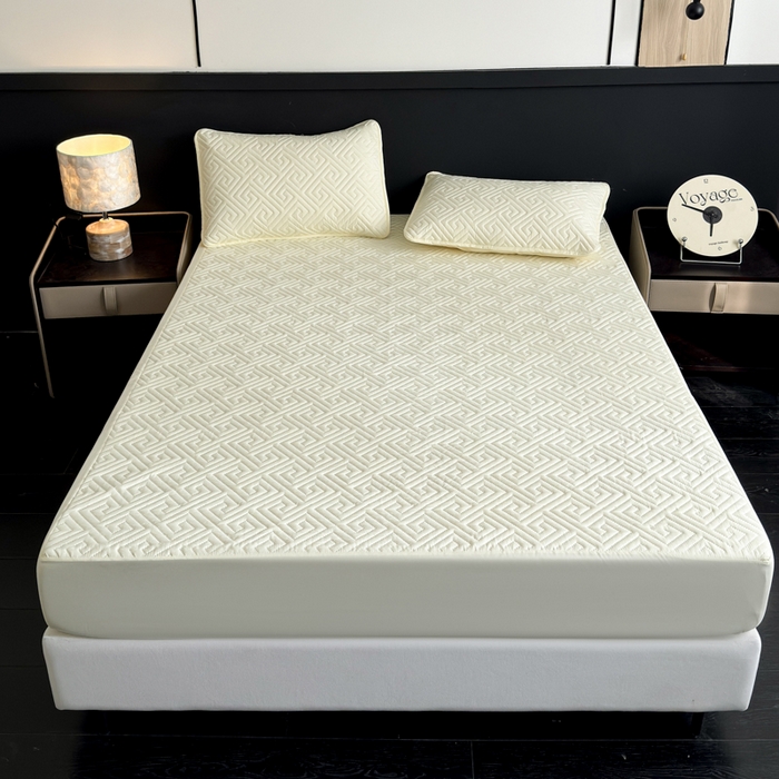 91家纺网 家纺一手货源 找家纺 慕克斯家纺 2026新款防水回字格床笠-慕克斯 米黄