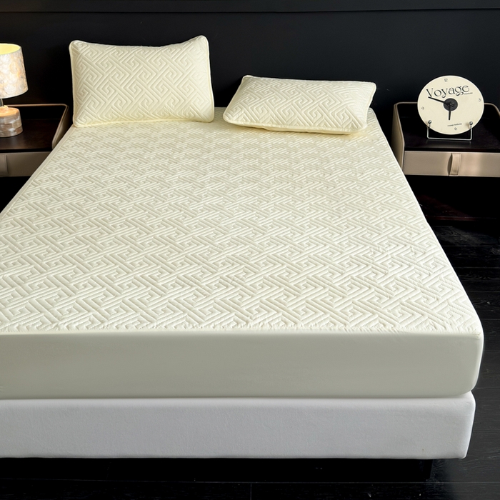 91家纺网 家纺一手货源 找家纺 慕克斯家纺 2026新款防水回字格床笠-慕克斯 米黄