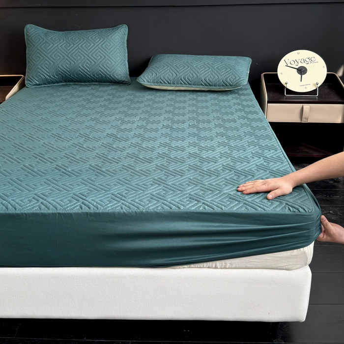 慕克斯家纺 2026新款防水回字格床笠-慕克斯 墨绿