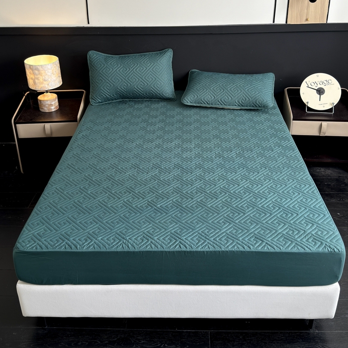 91家纺网 家纺一手货源 找家纺 慕克斯家纺 2026新款防水回字格床笠-慕克斯 墨绿