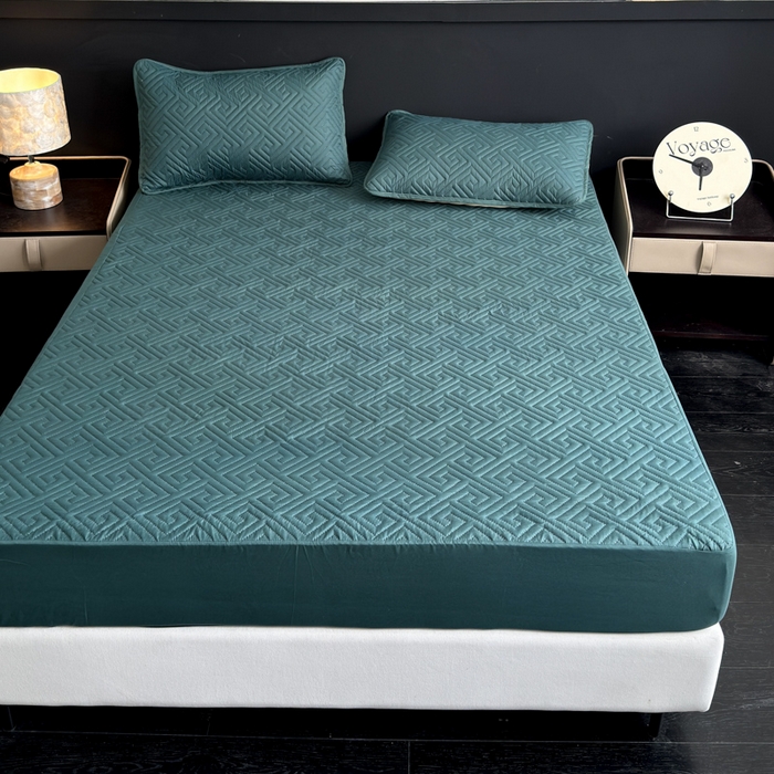 91家纺网 家纺一手货源 找家纺 慕克斯家纺 2026新款防水回字格床笠-慕克斯 墨绿