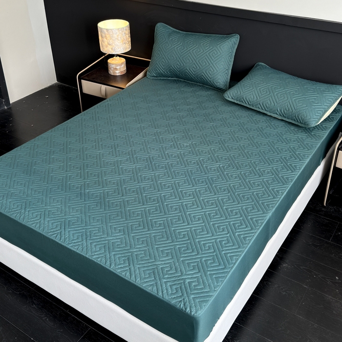 91家纺网 家纺一手货源 找家纺 慕克斯家纺 2026新款防水回字格床笠-慕克斯 墨绿