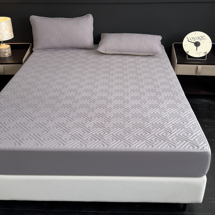 91家纺网 家纺一手货源 找家纺 慕克斯家纺 2026新款防水回字格床笠-慕克斯 浅灰